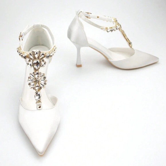 White Rhinestone Chain Decor Satin Pointed Toe Cutout Heels - Picture 2 of 5